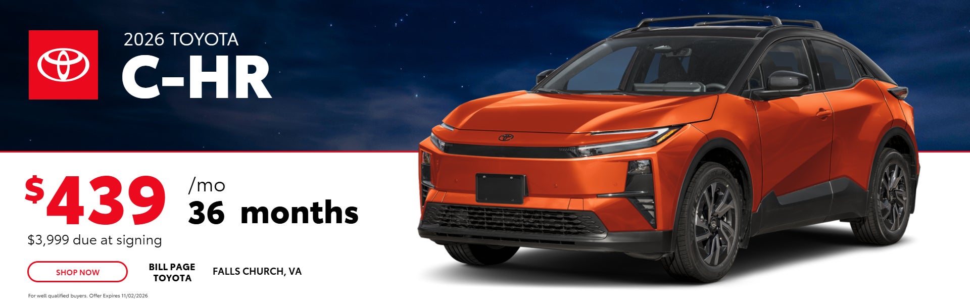2026 Toyota C-HR lease for $439 per month for 36 months with $3,999 due at signing.
