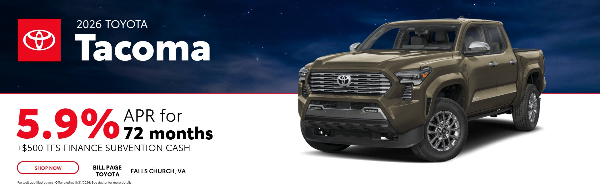 2026 Toyota Tacoma 5.9% APR for 72 months + $500 cash
