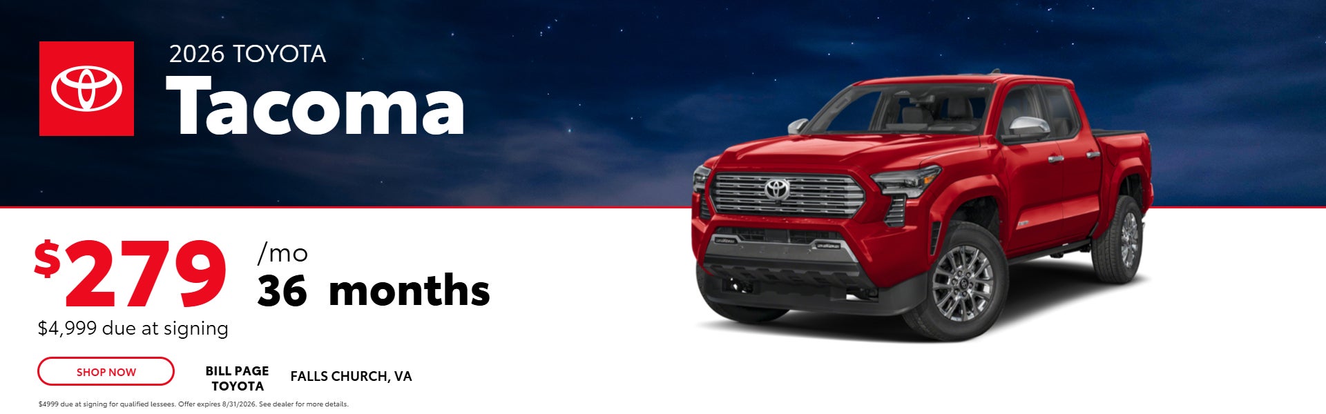 2026 Toyota Tacoma $279/mo for 36 months