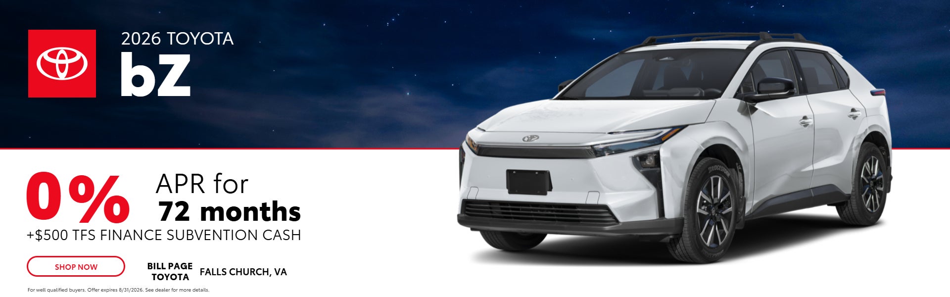 2026 Toyota bZ 0% APR for 72 months + $500 cash
