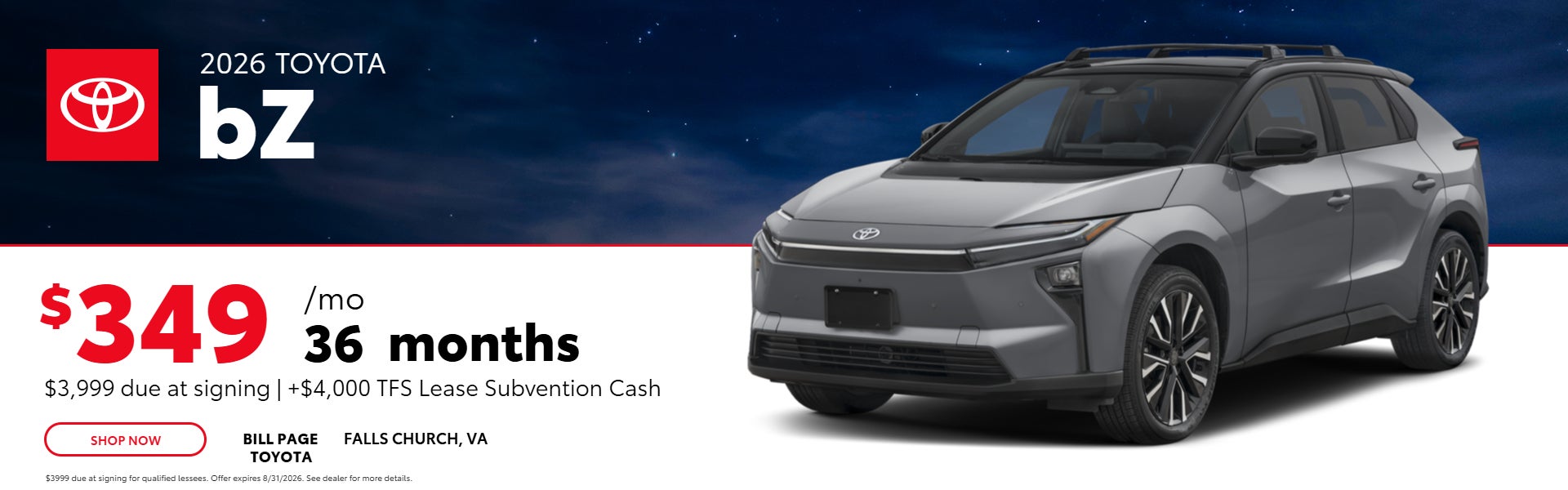 2026 Toyota bZ $349/mo for 36 months