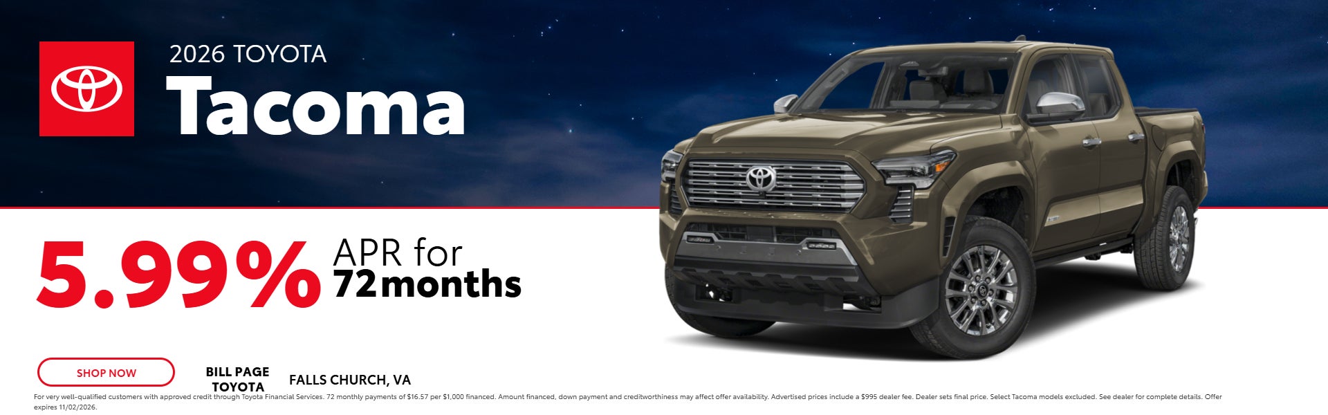 2026 Toyota Tacoma financing at 5.99% APR for 72 months.