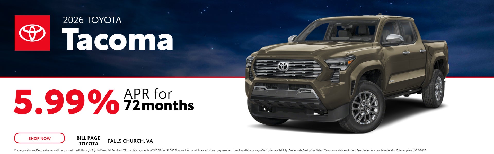 2026 Toyota Tacoma financing at 5.99% APR for 72 months.