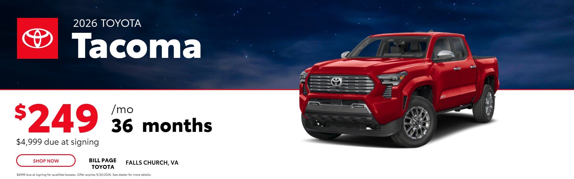 2026 Toyota Tacoma lease $249/mo for 36 months