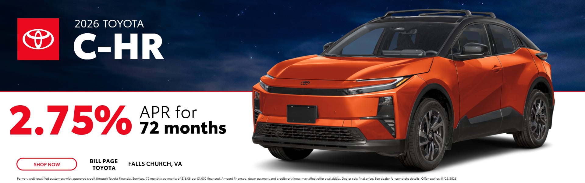 2026 Toyota C-HR financing at 2.75% APR for 72 months.