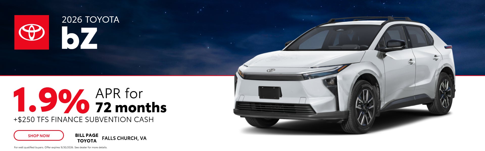 2026 Toyota bZ 1.9% APR for 72 months + $250 cash