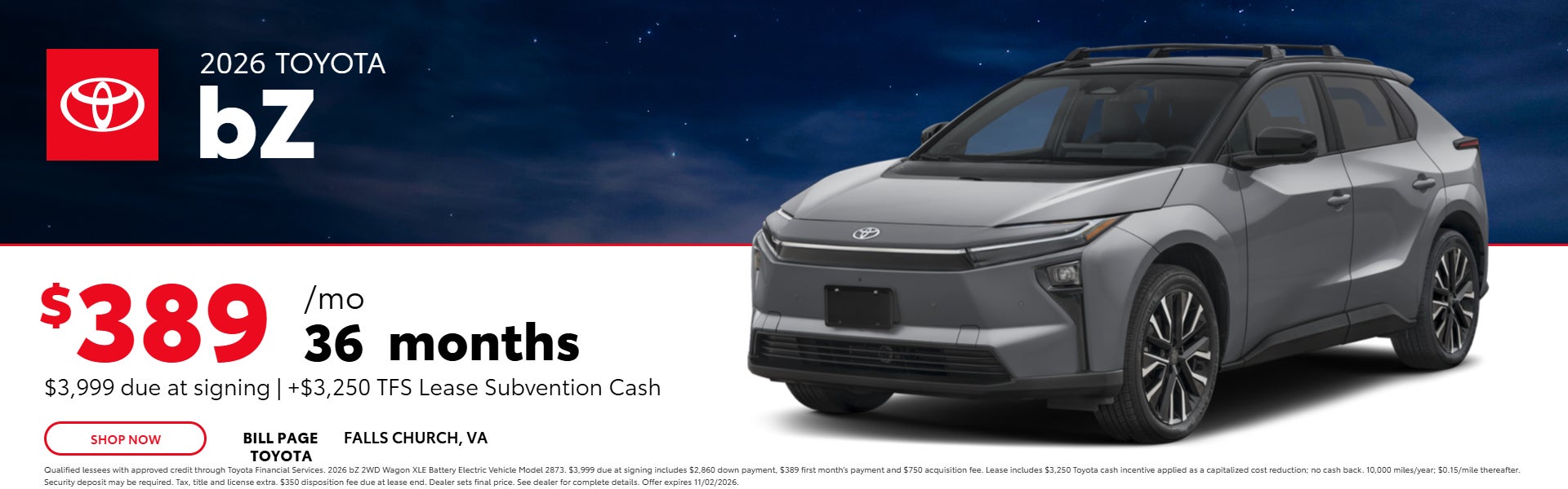 2026 Toyota bZ lease for $389 per month for 36 months with $3,999 due at signing plus $3,250 TFS cash.
