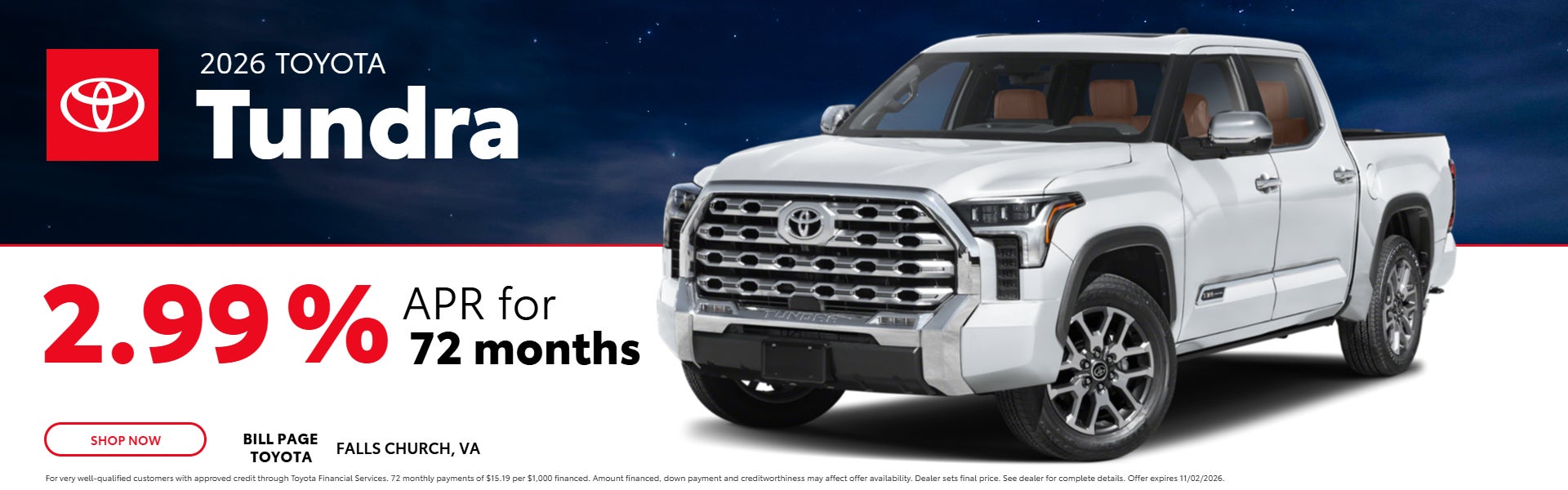 2026 Toyota Tundra financing at 2.99% APR for 72 months.